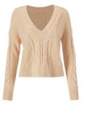 UEC Cabi tan  cable knit sweater size small wide v-neck